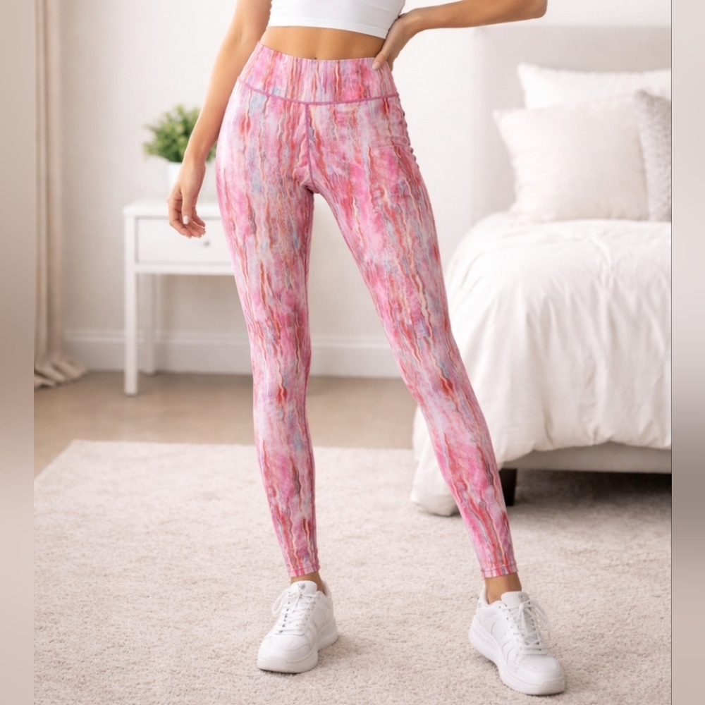 NUX Pink Red White Tie Dye Leggings Small Activewear Athleisure Yoga Pilates